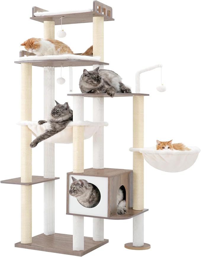Heybly Cat Tree, 70.5" Wood Tall Cat Tower for Large Indoor Cats HCT121SG | Modern Cat Furniture with Extra Stable Structure, All-Sisal Scratching Posts, Cat Condo & Hammocks, Smoky Gray