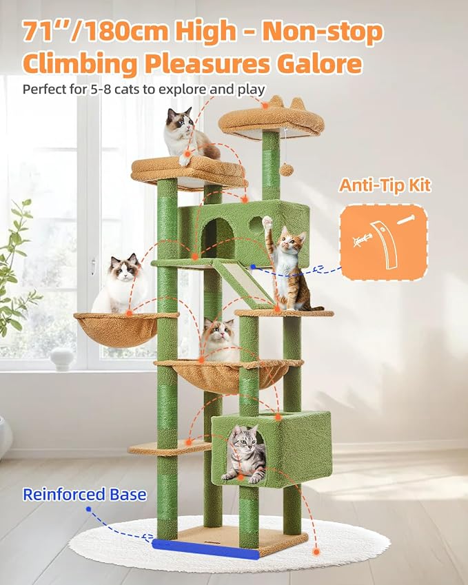 Taoqimiao Cactus Cat Tree, 71 in Extra Large Cat Tower for Inddor Cats | 2 Large Cat Condos, 2 Cute Perches, Metal Frame Cozy Hammock, Durable Scratch Board, 8 Natural Sisal Posts, Basket, MSC026L