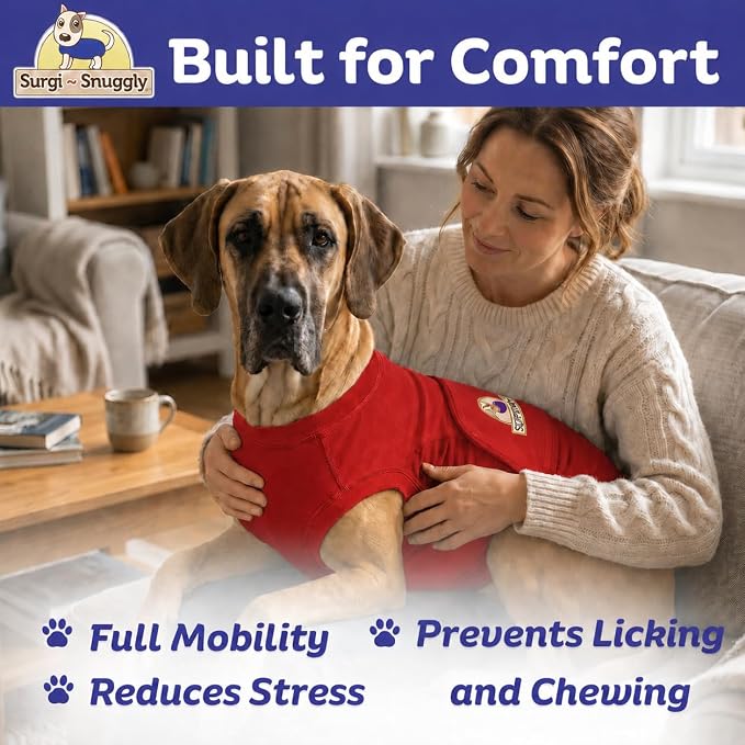SurgiSnuggly Surgery Recovery Suit for Dogs, Female Spay or Male Neuters, A Surgical Onesie E Collar Dog Cone Alternative for After Surgery Procedures Fits Large, XL and Giant Dogs - 2XL Red EC