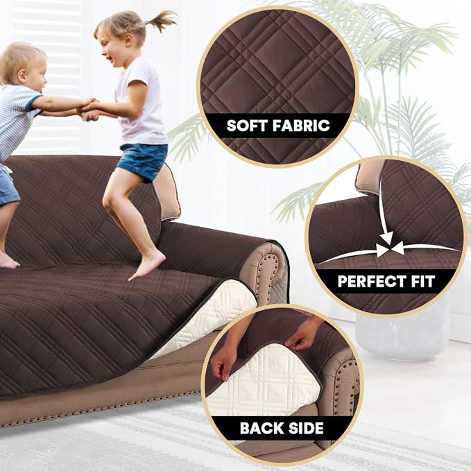 100% Waterproof Couch Cover for 3 Cushion Couch Sofa Pet Friendly Non-Slip Couch Cover for Dogs Washable Water Resistant Furniture Protector with Elastic Straps(Sofa 68", Brown)