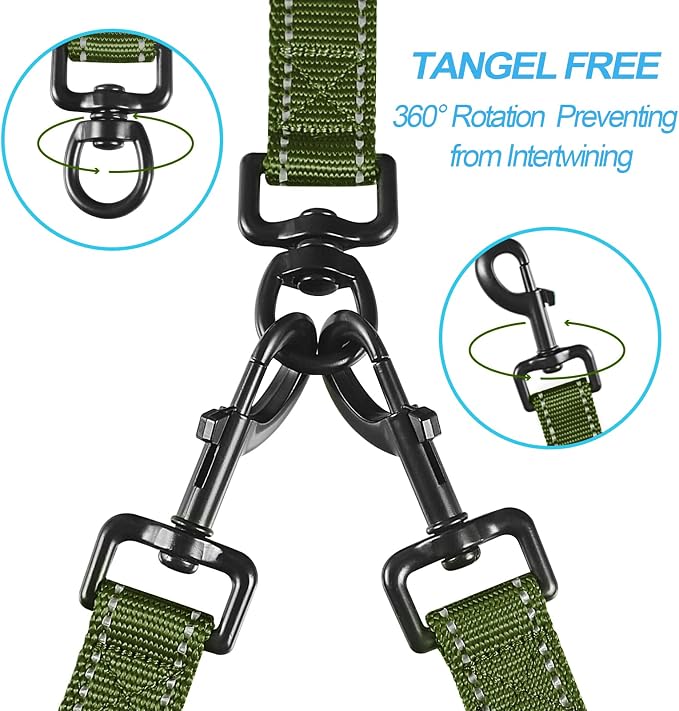PetBonus Double Dog Leash, No Tangle Dual Leash, Walking Training Lead | 4 Comfortable Padded Handles, Adjustable, Reflective, For Two Large Medium Dogs, Collapsible Bowl and Waste Bags, Khaki Green