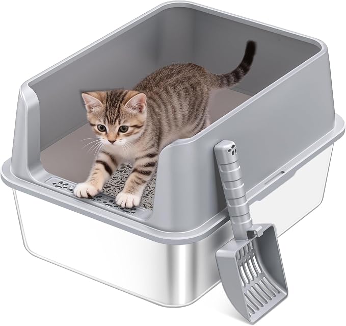 Stainless Steel Cat Litter Box, Metal Kitty Litter Box with High Sides for Small Cats,Kittens, Open Top Litter Boxes with Anti-Leak Lid,Odorless,Non-Sticky, Easy to Clean,Scoop Include,M