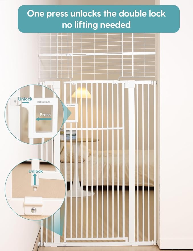 No Pawblems 71" Extra Tall Pet Gate, 29"-43" Wide Pressure Mounted, White | 1.37" Ultra Narrow Spacing, Auto-Close Tall Cat Gate for Doorway, Dual-Lock, One-handed Operation
