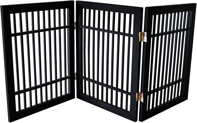 Urnporium Freestanding Wooden Dog Gate – Folding Acacia Hardwood Pet Barrier with 2-Way Hinges, Portable Indoor Outdoor Puppy Safety Fence for Doorways, Hallways (Black Pet Gate, 3 Panel 24" Tall)