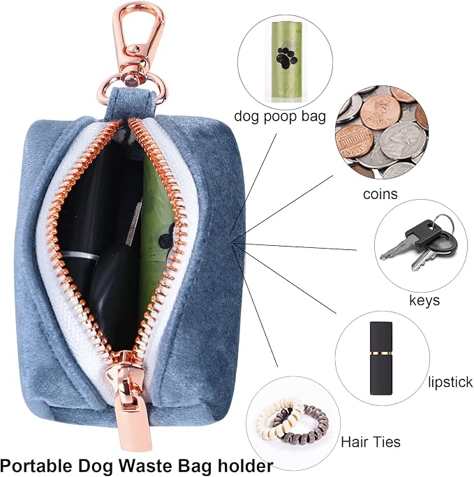 ARING PET Velvet Dog Waste Bag Dispenser, Cute Blue Doggy Poop Bags Holders Attach to Any Leashes, Portable Washable Pet Waste Pouch Dispenser with Metal Zipper