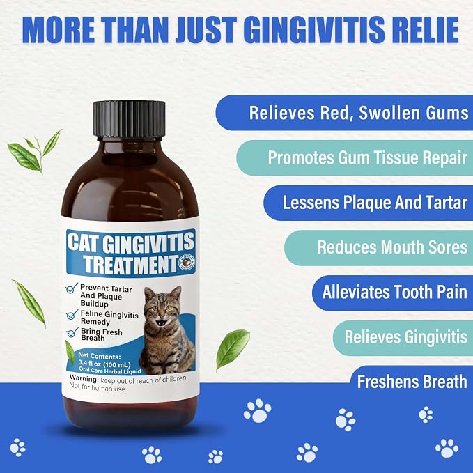Cat Gingivitis Treatment Liquid 100ml - Cats Dental Care Clean Teeth & Gums, Eliminate Bad Breath, Natural Extracts Lessen Tartar & Plaque, Include 3 ml Dropper with Cap