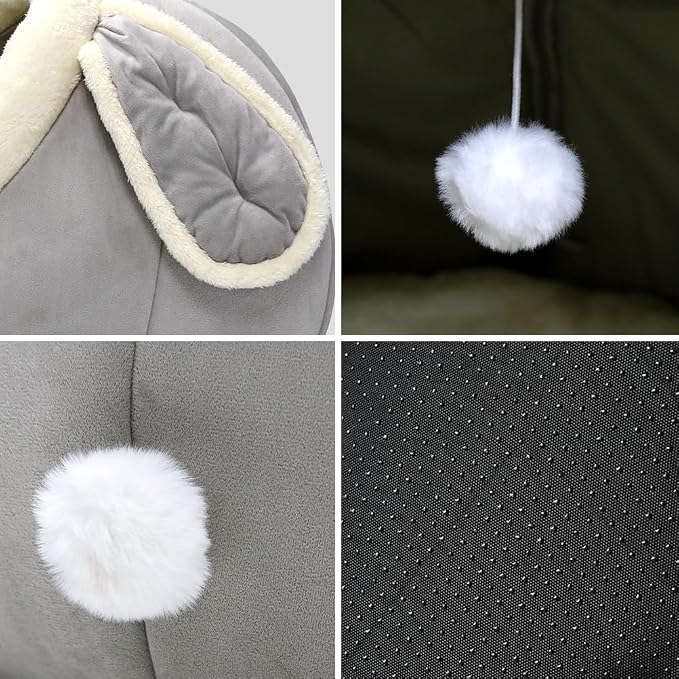 Cat Beds for Indoor Cats-Rabbit-Shaped Cat Cave Bed with Hanging Toy,Grey L | Super Soft Calming cat Tent house for Kitten&Puppy,Warm Plush&Machine Washable&Removable Cushioned Pad,Cute cat Hideaway