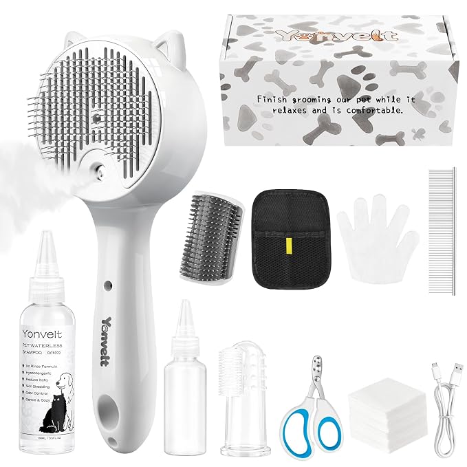 10Pcs Mist Spray Brush Kit for Cats & Dogs, Hair Health & Grooming Set | 100ml Waterless Shampoo, Cat Scratcher w/ Catnip, Nail Clippers, Toothbrush, Comb, Eye Ear Paw Dry Wipes & Gloves, Gift-Set