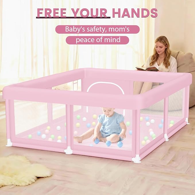 Hiaksedt Baby Playpen 50"x50" Baby Girl Play Pen for Babies and Toddlers | Safe Structure and Soft, Skin-Friendly Fabric with Zipper Gates Pink