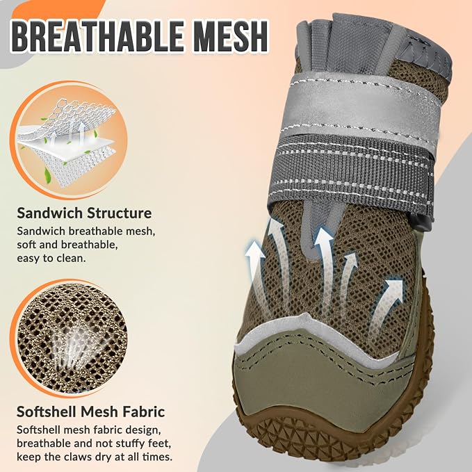 SlowTon Dog Shoes for Large Small Medium Dogs - Breathable Dog Boots for Summer Hot Pavement, Paw Protector for Outdoor Walking Winter Snow, Anti-Slip Rubber Dog Booties for HardFloor (Brown Gray, 2)