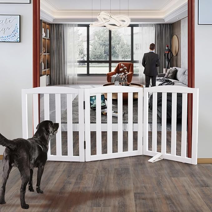 ZJSF Foldable Freestanding Indoor Dog Gate for House Wood White Long Pet Gates Dog Fence for Stairs Puppy Gates for Hallways,Pet Fence, Puppy Gate,Support Feet Included 24 "Height-3 Panels