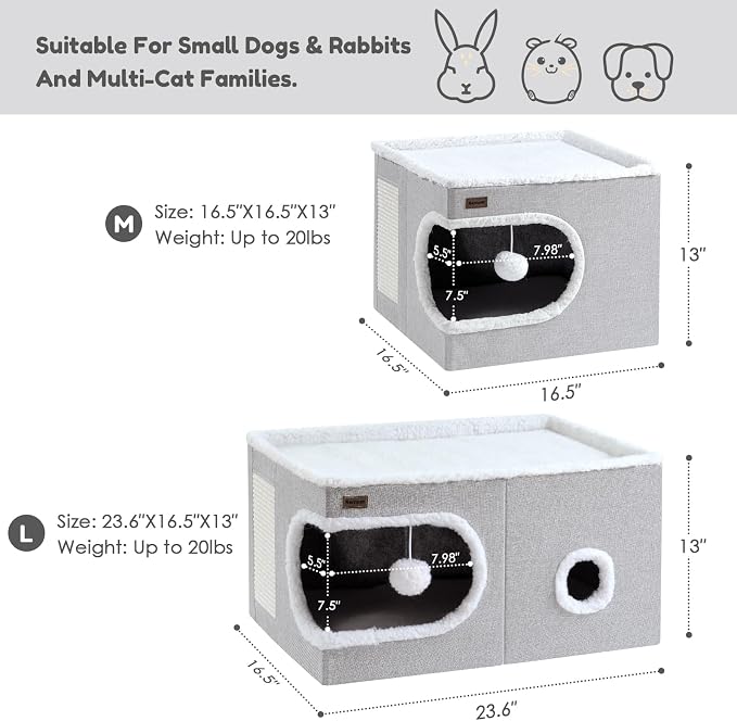 Garnpet Cat Bed for Indoor Cats Cube House, Covered Cat Cave Beds & Furniture with Scratch Pad and Hideaway Tent, Cute Modern Cat Condo for Multi Small Pet Large Kitten Kitty, Khaki