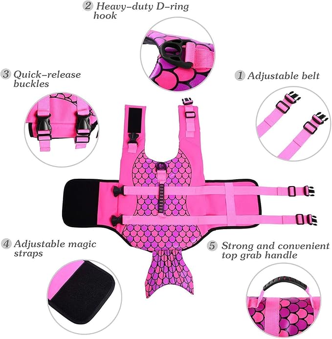 ASENKU Dog Life Jacket - Pet Safety Vest for Swimming & Boating, Shark Life Jacket with Floatation, Dog Lifesavers Swimsuits for Small Medium Large Dogs (Mermaid Pink, M)