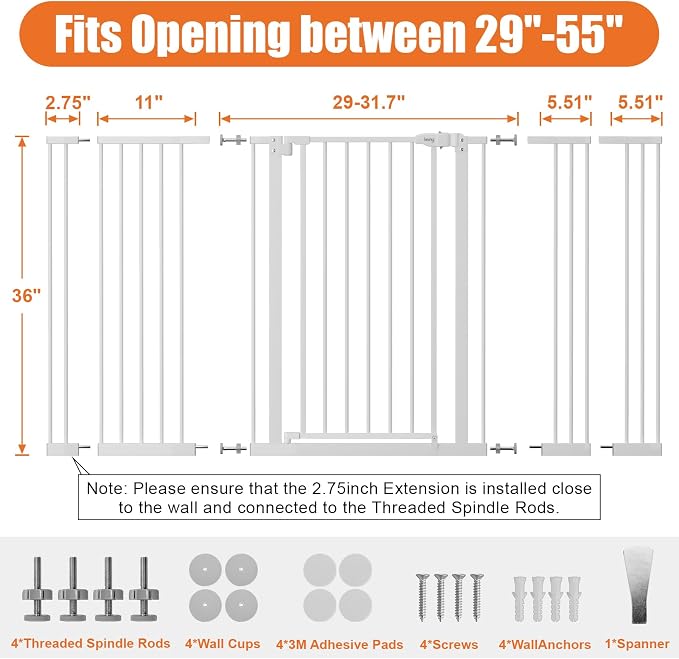 keny 36" Extra Tall Baby Gate for Stairs, 29"-55" Wide Auto Close Dog Gate | for Doorways, Pressure Mounted Easy Walk Through Pet Gate with Door, White