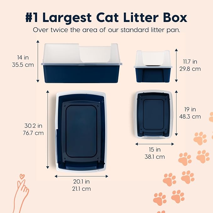 IRIS USA XX-Large Side Entry Cat Litter Box, Navy | Multi-Cat Use, Extended Length Design, Extra Room Interior, Jumbo Capacity Pan, Comfortable Space, Multiple Cat Ready