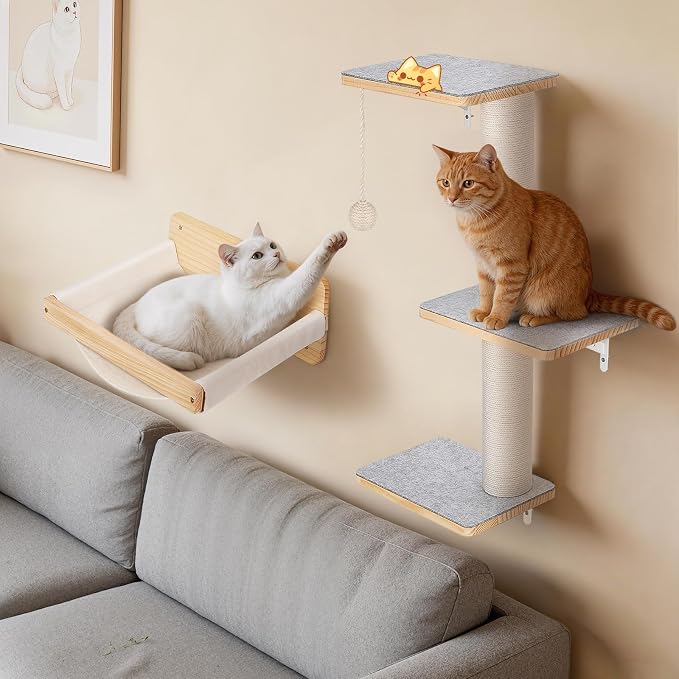 Wall Mounted Cat Shelves Set with Hammock | Sisal Scratching Posts, 3 Wooden Steps, Space-Saving Cat Tree, For Indoor Cats Up to 30 lbs