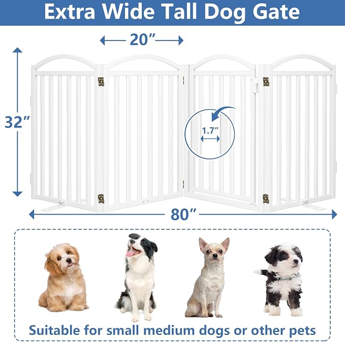 Malier Metal Freestanding Dog Gates with Door, Outdoor Indoor Dog Fences, Extra Wide Foldable Puppy Gate for Stairs, Hallways, Yard (White, 80''W × 32''H【4 Panels】)