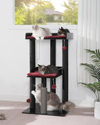 FourFurPets 43.7" Modern Cat Tree, Cat Tower for Large Cats, Wood Cat Tree | Maine Coon Cat Tree, Cat Tower with Scratching Post, Large Perch and Removable Pads, Black&Red