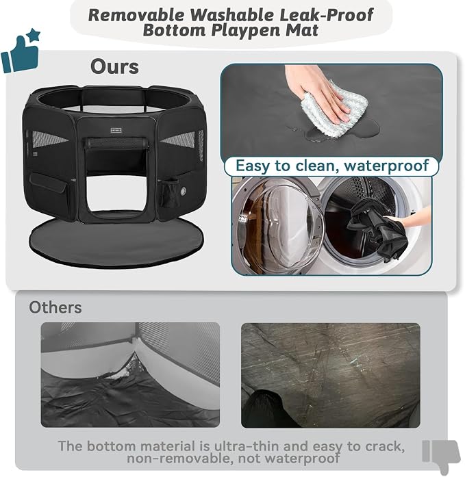 PETSFIT Portable Dog Playpen 45", Removable Waterproof Mat, Zippered Roof | Jump-proof, Collapsible Storage, RV Camping Travel, Indoor Outdoor Use, Large Dogs and Cats, 45.5"L x 45.5"W x 28.5"H