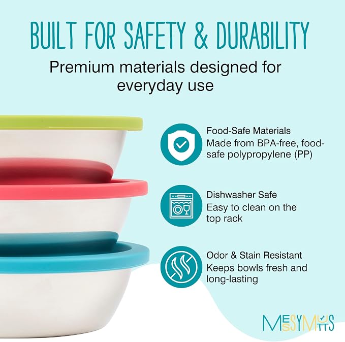 Messy Mutts 6 Piece Set, 3 Stainless Bowls and 3 Silicone Lids, Large | Set Of Three Stainless Dog Bowls And Three Airtight Silicone Lids For Meal Prep, Storage, And Travel