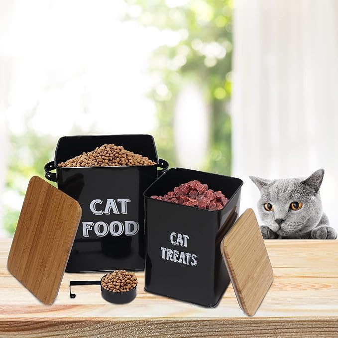 Morezi Cat Food Storage Container Farmhouse Pet Food Treats Bin with Lid and Scoop, Perfect Sturdy Canister Tins for Kitchen Countertop, Shelf, Great Gift for Pet Owners, 5 lbs, Black