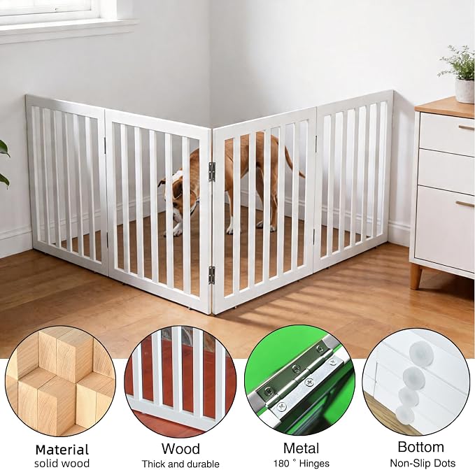 Dog Gate Indoor, Freestanding Dog Fence for The House, Doorways, Hallways,or Stairs,Pet Gate Foldable Wooden,Expandable 32" Height 4 Panels,White