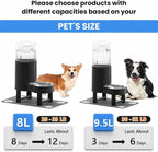 CZPET Elevated Dog Water Bowl Dispenser 8L (8L+Stand+Mat, Black) | With Stainless Steel Bowl Gravity Waterer, Large Capacity and Drinking Area Noise-Free for Pets