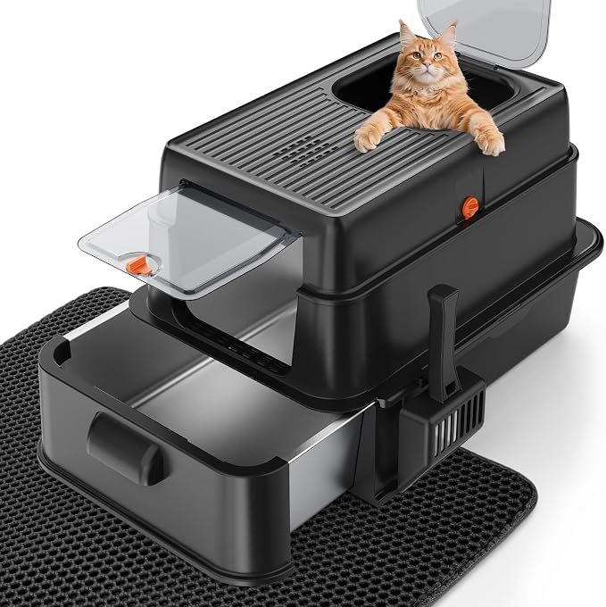 FURTIME Stainless Steel Litter Box with Lid, XL Extra Large Cat Litter Box | Enclosed Drawer Metal Litter Boxs with High Sided, Include Scoop & Mat, Front & Top Entry, Odor Free, Non-Stick