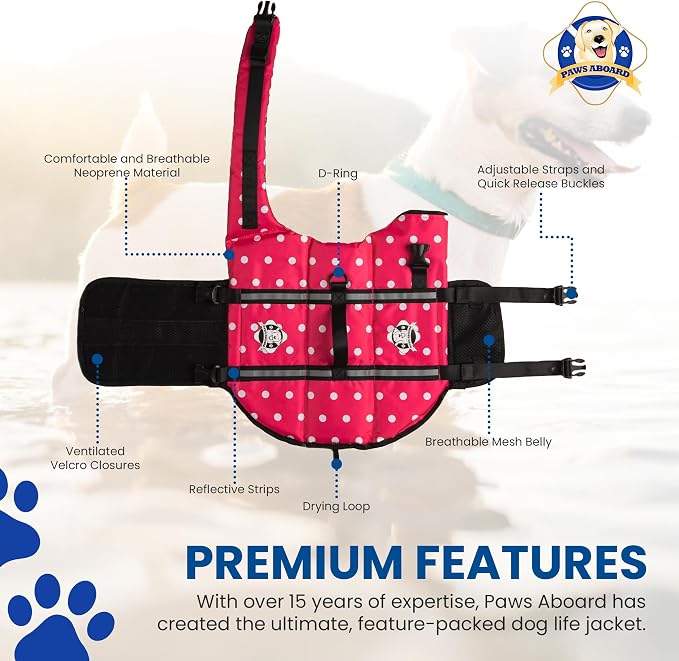 Dog Life Jacket - Swimming Vest for Dogs, Adjustable, Reflective, Comfortable, Multiple Colors, Patterns, XX-Small to Extra Large Dog Swim Vest with Handle (Pink Polka Dot, X-Small)
