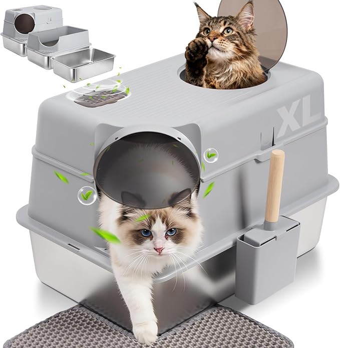 Extra Large XL Stainless Steel Litter Box with Lid, Light Grey | Front Entry Top Exit, Include Scoop and Mat, Odor-Free, Anti-Urine Leakage, Non-Sticky, Easy Cleaning