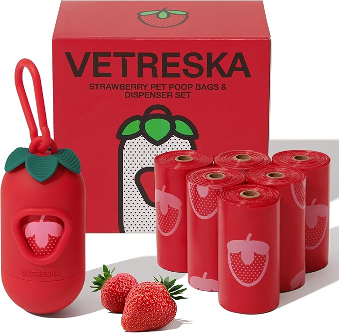 VETRESKA Dog Poop Bag Dispenser with Strawberry Scented Bags, 105 Counts | Leak Proof and Extra Thick Pet Waste Bags, 1 Poop Bag Holder and 7 Rolls for Dog Walking and Cats Litter