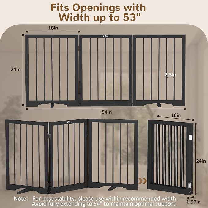 Free Standing Dog Gate Indoor, Foldable Dog Gate for Doorways Stairs | 3-Panel Freestanding Pet Gate with Support Feet for Stability, Folding Puppy Gate Easy to Move, Doggy Gate 54"x24", Black