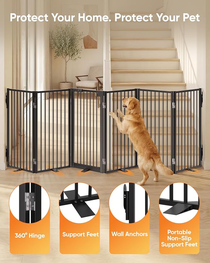 Full Metal Free Standing Dog Gate with Door for Indoor & Outdoor,120'' Extra Wide 32'' Tall Dog Gate for The Doorways,Large Openings,Decks,Porch,Pet Freestanding Safety Fence(6 Panels,Black)
