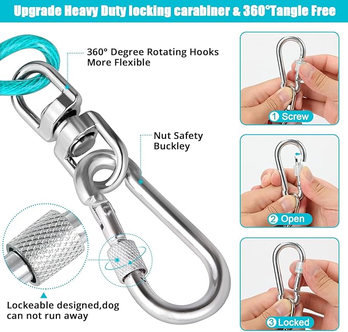jenico Dog Tie Out Cable, 10/15/20/30/40/50/70/100/150FT Dog Runner Cable with Swivel Hook and Shock Spring, Dog Leash Run Tether for Yard Outdoor and Camping,for Small to Medium Pets Up to 500 LBS