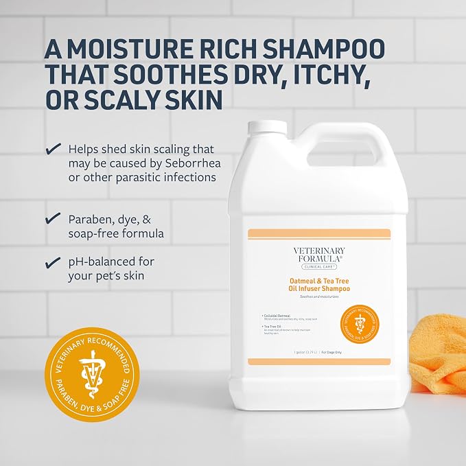 Veterinary Formula Clinical Care Dog Shampoo with Oatmeal and Tea Tree Oil, 128 oz – Fast-Acting, Gentle Medicated Shampoo for Dogs