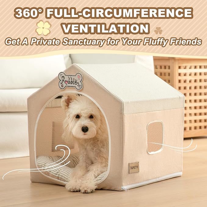 Jiupety Indoor Dog House with Frame, Cute Dog Tent Bed with Cover Cave, Breathable, Washable, and Foldable House, Suitable for 8-16 Lb Puppy and Cats, Medium (17"×17"×17"), Beige