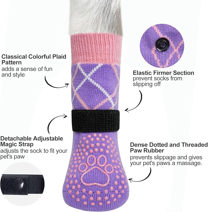 BEAUTYZOO 6PCS Dog Socks to Prevent Licking Paws, Anti Slip Dog Shoes for Hot Pavement Hardwood Floors, Traction Control Toe Grips Boots & Paw Protector for Small Medium Large Senior Dogs, Purple S