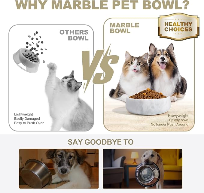 White Marble Dog Bowls, Non-Slip Dog Food Water Bowl Small, Heavy Duty Pet Bowl for Cats and Medium Dogs, Weighted African Natural Marble, Holds 4 Cups(5lbs)