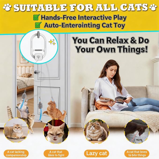 Interactive cat toy, Electric cat teaser, Door clip, 2 Motion modes,Gray | 360° Rotation • Random Jumping • Type-C Rechargeable • Door Clip Design • For Indoor Cats