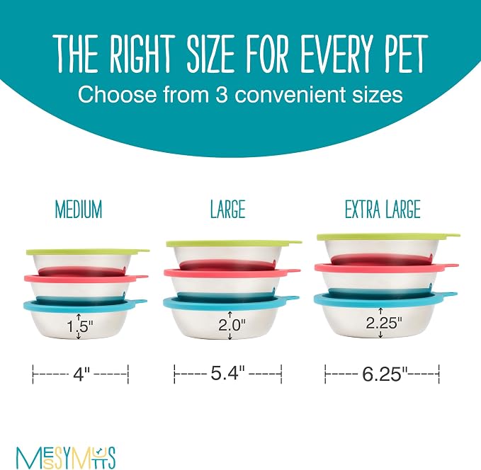 Messy Mutts 6 Piece Set, 3 Stainless Bowls and 3 Silicone Lids, Large | Set Of Three Stainless Dog Bowls And Three Airtight Silicone Lids For Meal Prep, Storage, And Travel