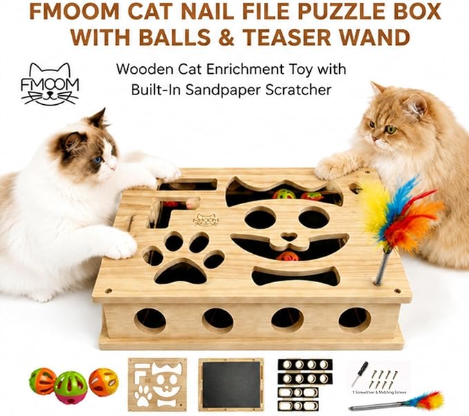 Interactive Cat Puzzle Toy, Wooden Enrichment Box for Indoor Cats | Keep indoor cats active, curious, and engaged with a wooden puzzle toy that encourages play and natural scratching.