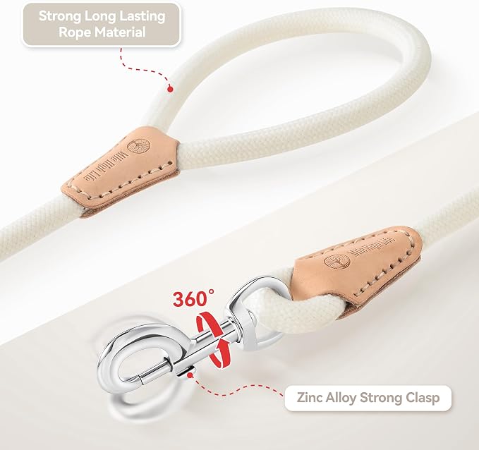 Mile High Life White Dog Leash with Genuine Leather Connection, 4/5/6 FT | Rope Leash, Heavy Duty 360° Swivel Metal Clasp, for Small Medium & Large Dogs (Cream White, 48 Inch)