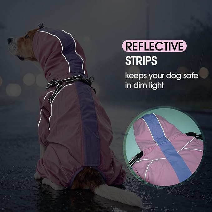 Lelepet Dog Raincoat with Harness, Pink, L | Waterproof full body for rainy walking hiking, Adjustable detachable hood for flexible wear, Reflective stripes ensure safety