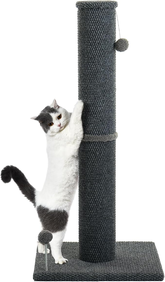 Cat Craft Reticulated Short Plush Tall Cat Scratching Post, Light Gray | 41in textured reticulated plush scratcher, anti-tip thick base, swappable balls for cat scratching & interactive climbing