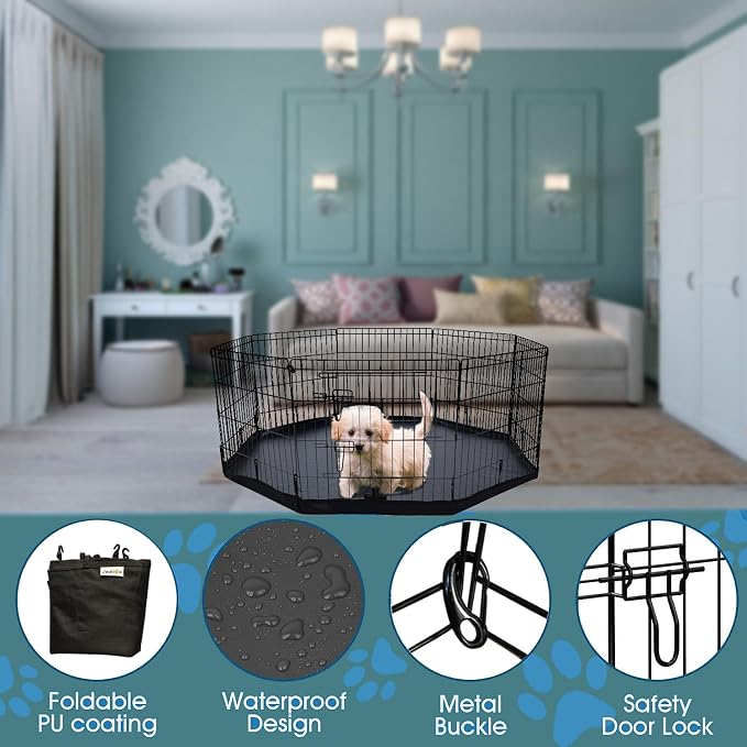 Folding Dog Playpen Indoor with Door Dog Playpen Metal Small Animal Kennels,8 Panels 24 "W x 24 "H for Indoor/Outdoor Small Medium Pet Yard