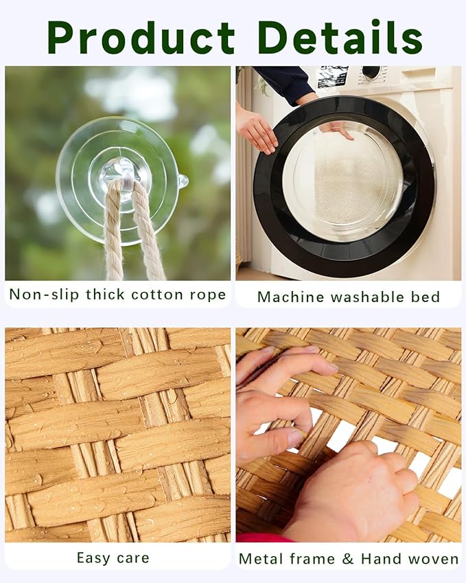 SETVSON Cat Window Perch 2 Pack, Handwoven PE Rattan Hammock, Natural | 2 Pack PE Rattan Window Hammock with 4 Suction Cups, 2.3" Safety Fence, Washable Double Sided Cushion, Steel Frame