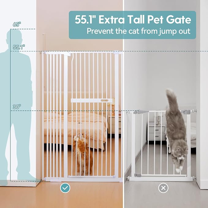 No Pawblems 55.1" Extra Tall Pet Gate, 29.9"-44.4" Wide Cat/Dog Gate, White | No Drilling Pressure Mounted, 1.37" Narrow Bar Spacing, Auto Close Tall Cat Gate for Doorway Hallway, One-Hand Operation