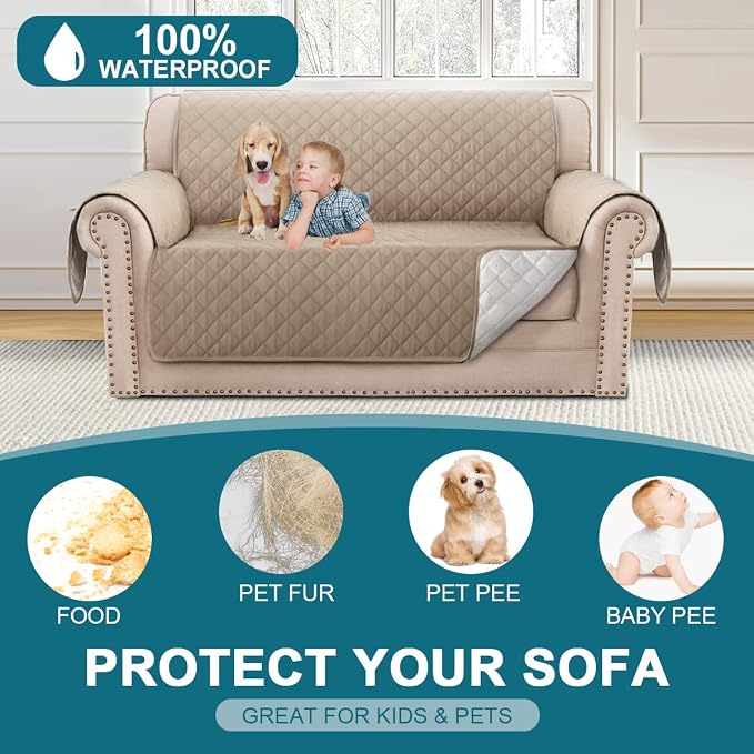 Turquoize 100% Waterproof Couch Cover Sofa Covers for 2 Cushion Couch Loveseat Covers Triple Non-Slip Couch Cover for Dogs Washable Furniture Protector Cover for Pets, Kids,Dog (Loveseat 54", Khaki)