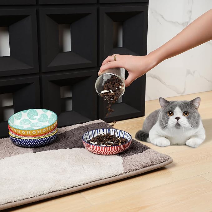 Selamica Ceramic Cat Food Bowl Set of 4, 5.6 Inch Wide Shallow Cat Bowls/Dishes for Food and Water, Assorted Colors
