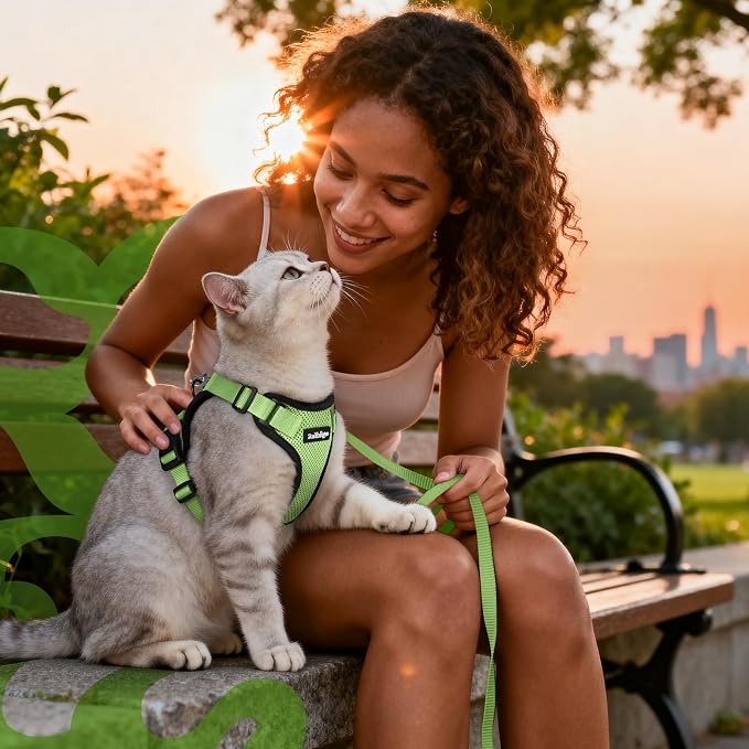 rabbitgoo Cat Harness and Leash Set, Escape Proof Vest, Light Green | Soft Breathable Mesh, Easy Adjustable Fit, Snap Buckles, Sturdy Clip, Reflective Strips, for Kittens & Small Cats Walks, Xxs